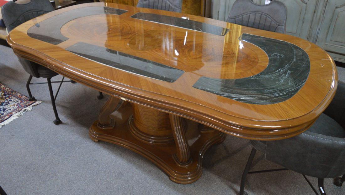 Art Nouveau-style dining table: Vintage Italian Art Nouveau-style burlwood dining table with inset marble panels, over pedestal base. Height: 40". Width: 77".