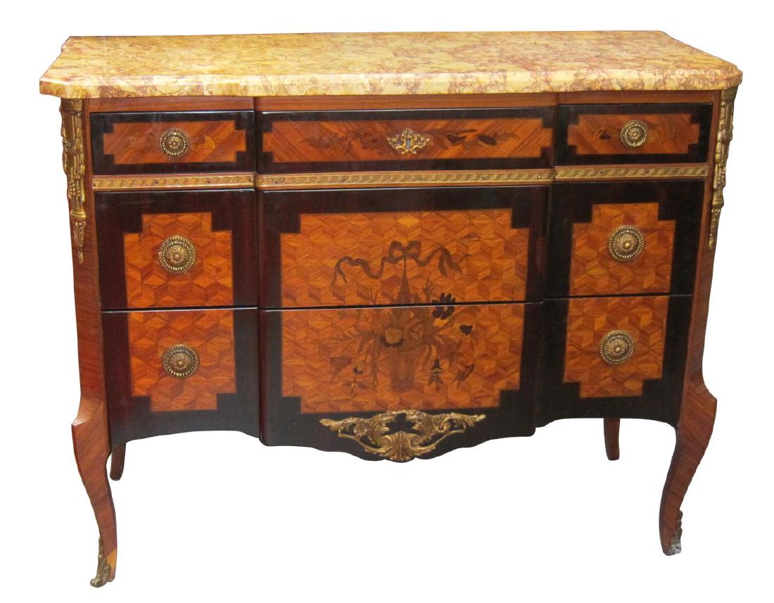 Antique Boulle-style commode: Superb antique Boulle-style marble-top commode, fitted with 3 frieze drawers and 2 large drawers depicting geometric and flowering urn marquetry; with ormolu pulls, mounts and sabots. Width: 44". Dept