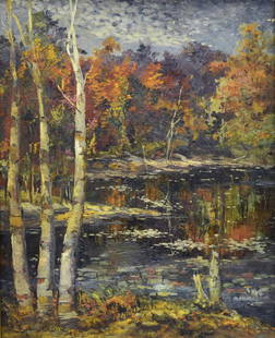 After John William Beatty: After John William Beatty (1869-1941, Can.): "White Birches and Red Maples". Oil on canvas. Signed lower left. Titled with label on reverse. 20" x 16".