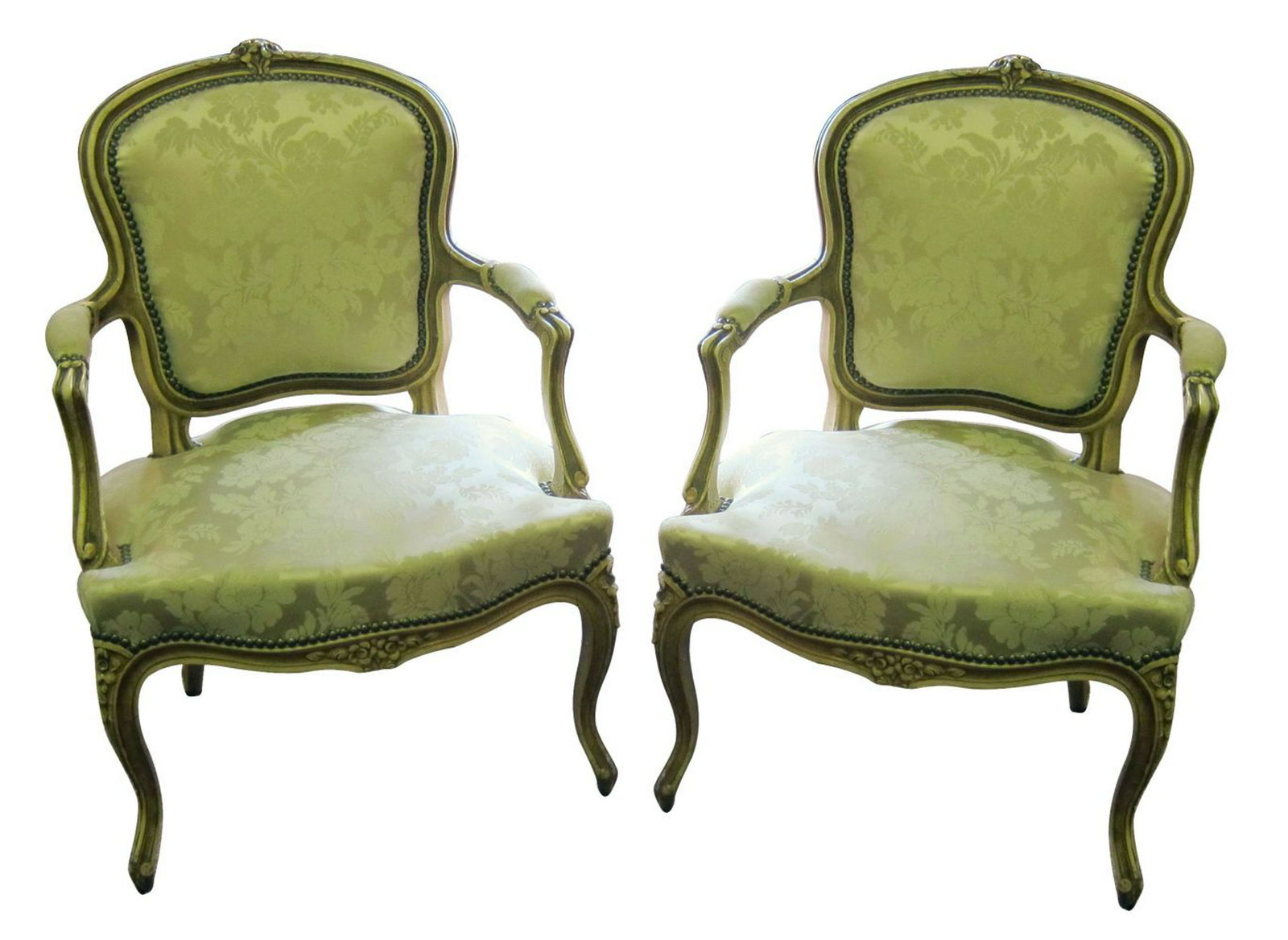 Pair of shield back armchairs: Pair of antique Louis XV-style carved armchairs with shield backs, cabriole legs and ivory damask floral upholstery. Height: 34". Width: 23". Depth: 24". _x000D_ _x000D_
