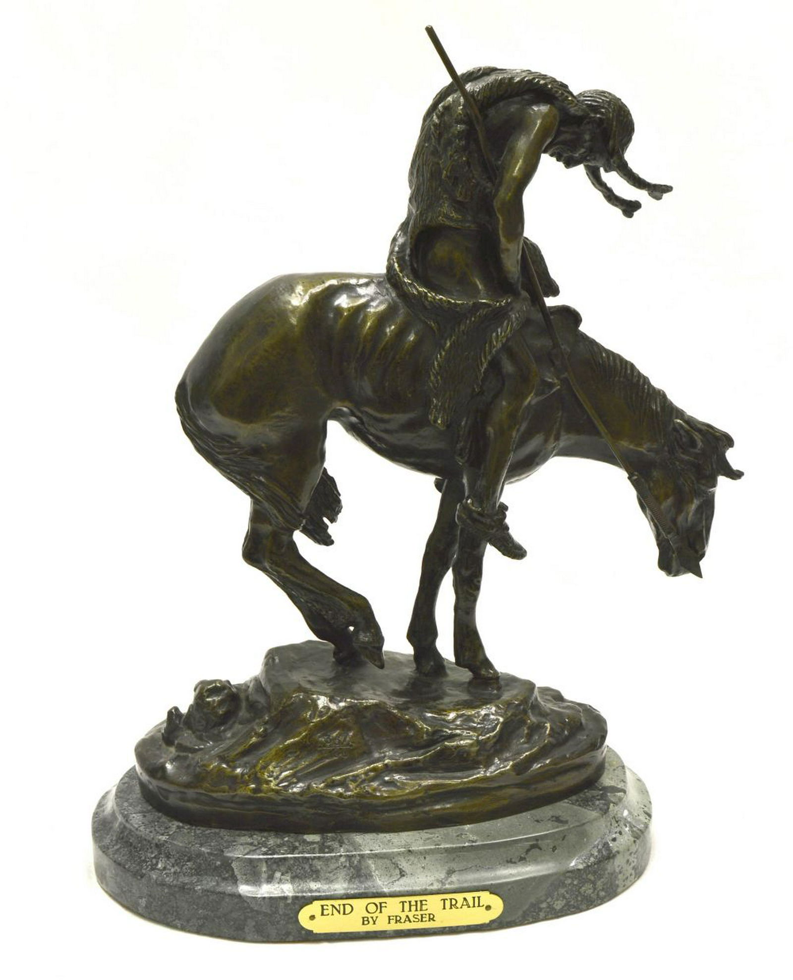After James Earle Fraser: After James Earle Fraser. (1876-1953), Amer.) (Ref.: Bénézit). "End of the Trail". Bronze sculpture on marble base. Signed. 15" tall.