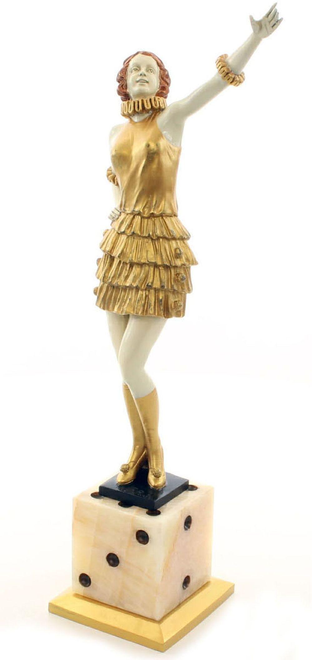 Bronze sculpture: Bronze sculpture of a young woman mounted on a dice-shaped jade base, with gilt highlights; with foundry mark "F.D. Paris". With certificate. 16" tall.