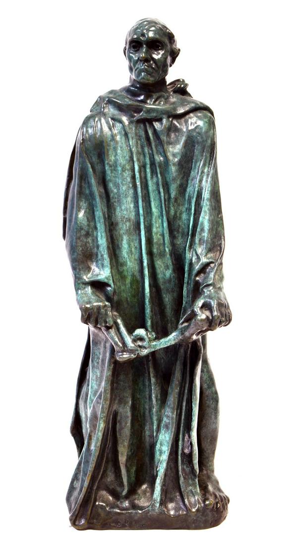 After Auguste Rodin: After Auguste Rodin (1840-1917, Fr.) (Ref.: Bénézit) "Jean d'Aire"Bronze sculpture with green patina. Signed near base, with foundry mark. "Versailles". Approx. 18" tall.