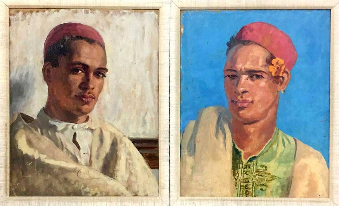 2 early 20th Century portraits: Early 20th Century: 2 portraits, each of a Middle Eastern man, pair of oils on board. With Christie's labels on reverse. Each (16¼" x 13¼").