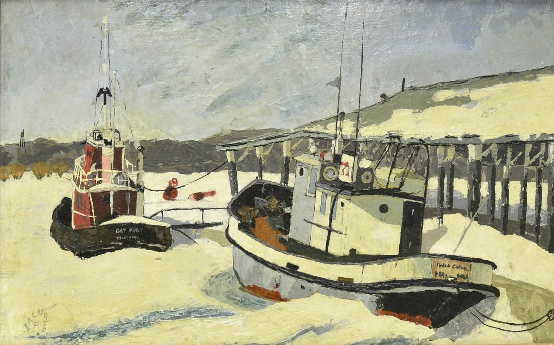 Francesco Iacurto: Francesco Iacurto, ARCA, SAPQ (1908-2001)(Ref.: Bénézit). Boats in winter. Oil on canvasboard. Signed lower left and on reverse. Provenance: La Galerie "Le Chien D'or", Quebec. 14" x 18"