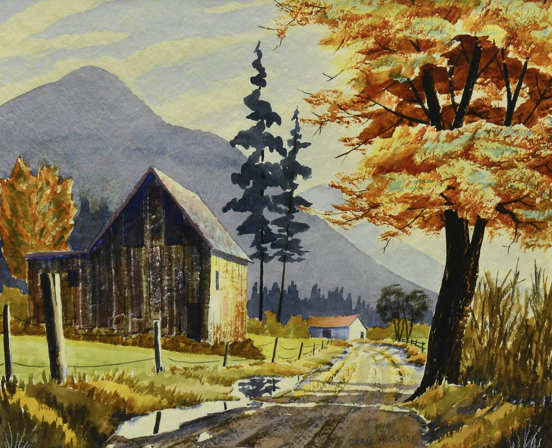 Doris Jean McCarthy: Doris Jean McCarthy, R.C.A, (1910-2010). "Fall in Vermont". Watercolours. Signed lower right. Signed, titled, and dated 1966 on reverse. 14" x 17"