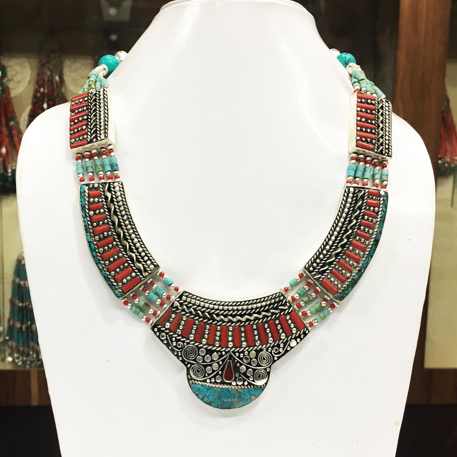 Buddhist Turquoise & Coral Vintage Boho Necklace: Tibetan Handmade Ethnic Necklace Main Stone: Turquoise, Coral & Lapis Metal: Tibetan Silver Size(Inch): 18 Material: Stone Brand: Handmade Style: Bohemian Ethnic Origin: Tibetan Country/Region of Manu