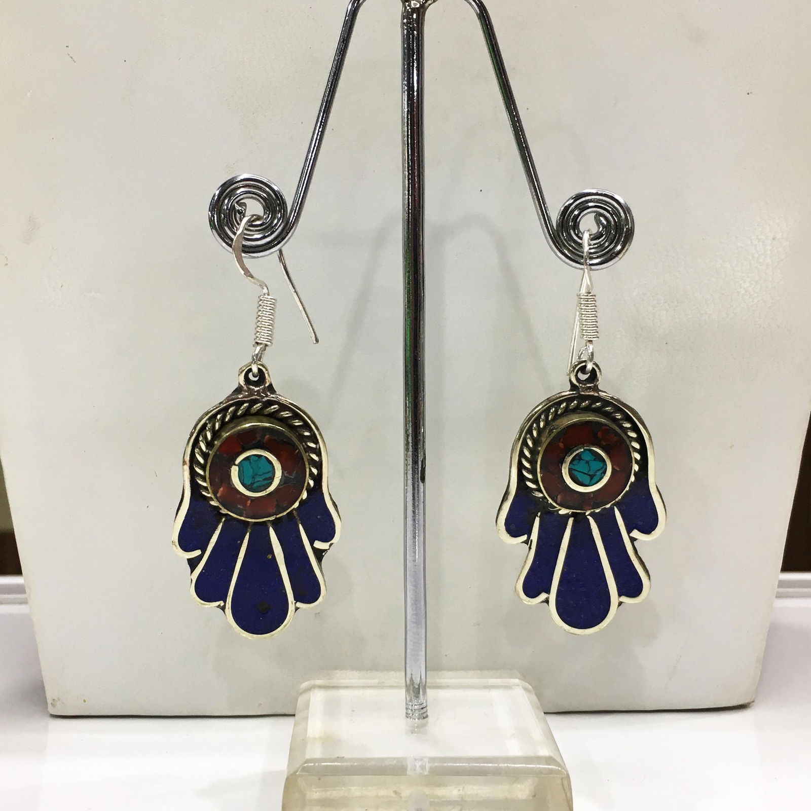 Tibetan Blue Lapis Handmade Fatima hand Earrings (1 of 1)
