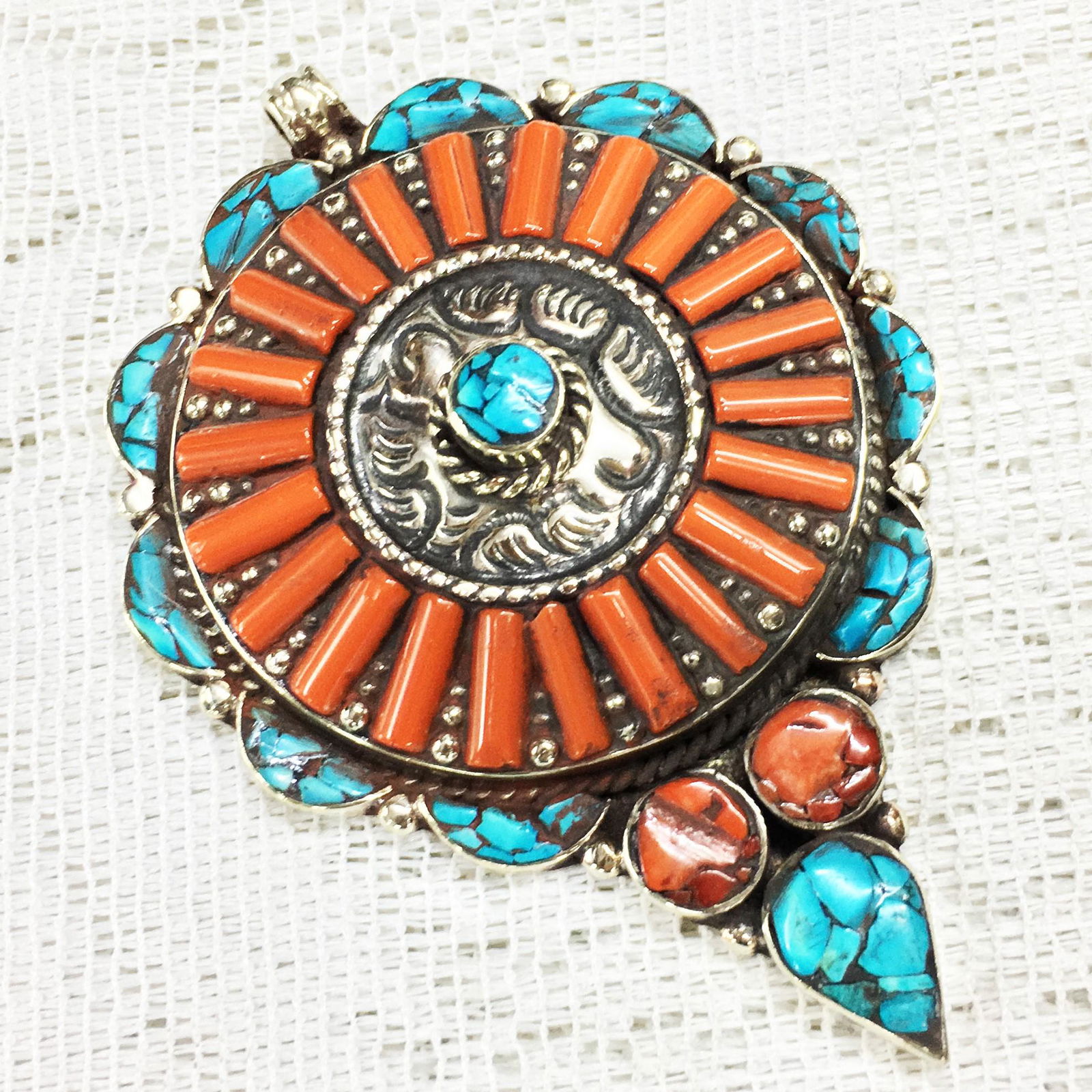 Turquoise & Coral Beads Handmade Pendant (1 of 1)