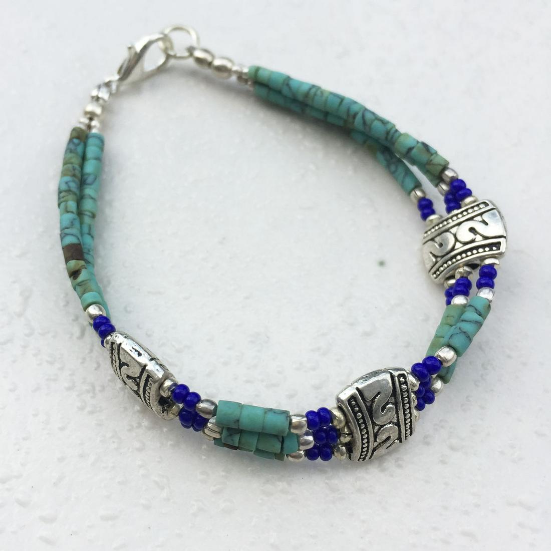 Tibetan Turquoise & Coral Beaded Charm Bracelet (1 of 1)