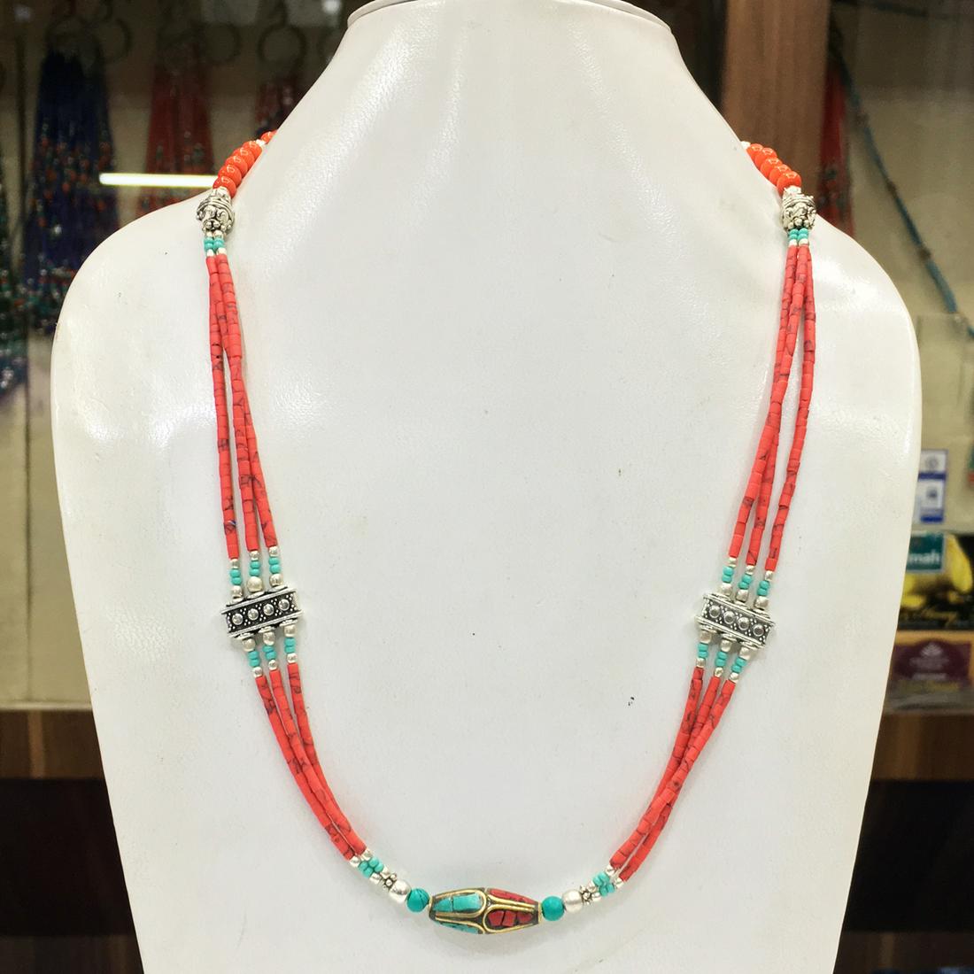 Tibetan Beaded Handmade Coral Necklace: Tibetan Beaded Handmade Necklace Material: Stones Size: 18 inch Weight: 20 grams Approx Country/Region of Manufacture: Nepal