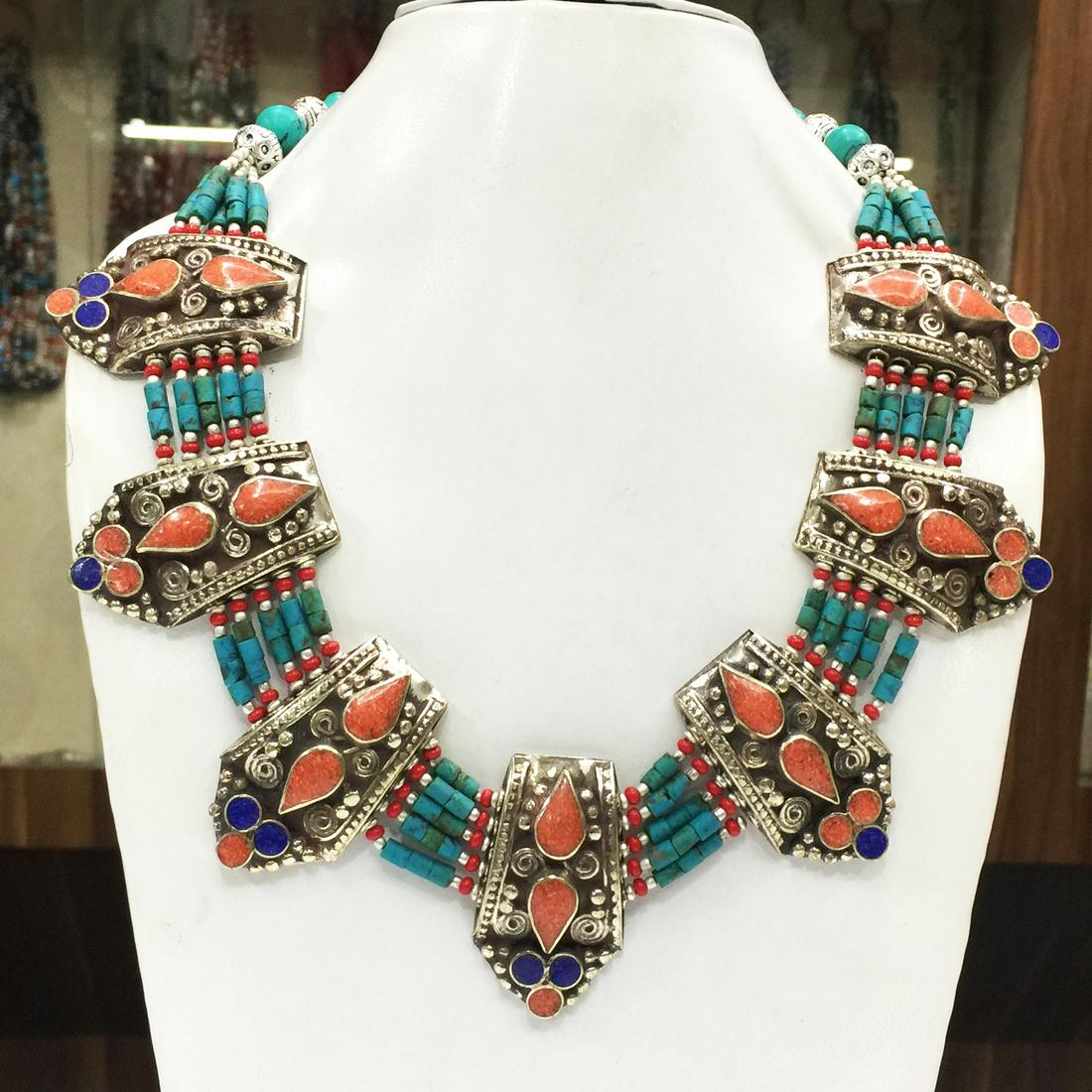 Tibetan Buddhist Turquoise & Coral Vintage Necklace: Tibet Natural Stone Hand Made Turquoise, Coral & Lapis Necklace......This elegant Necklace was handcrafted in Tibet, the home of exquisite jewelry craftsmanship. It was skillfully made with large natu