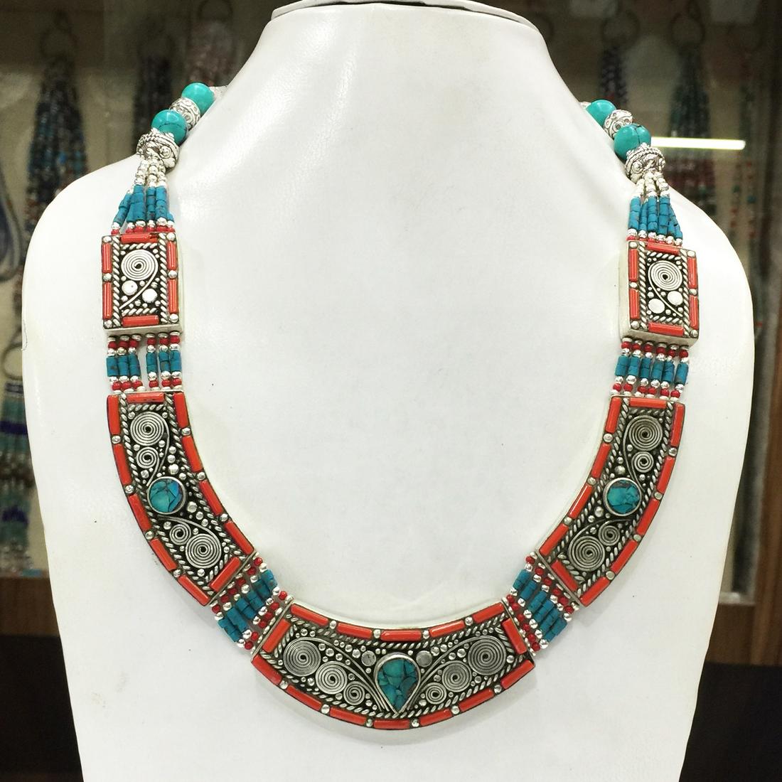 Gypsy Tibetan Designer Turquoise & Coral Long Necklace (1 of 1)
