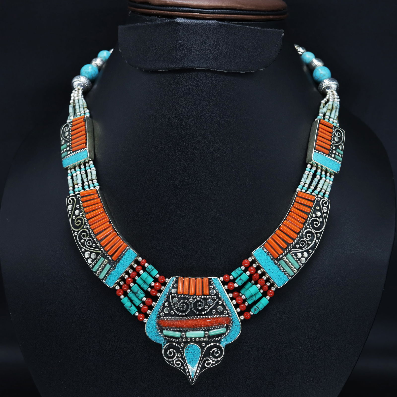 Tibetan Turquoise & Coral Handmade Choker Necklace (1 of 3)