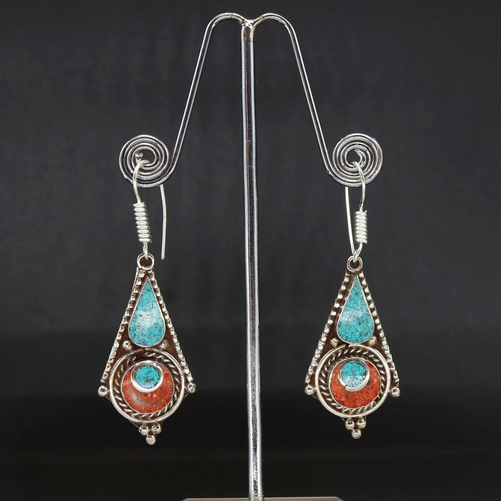 Tibetan Turquoise & Coral Hand-Carved Earrings (1 of 3)