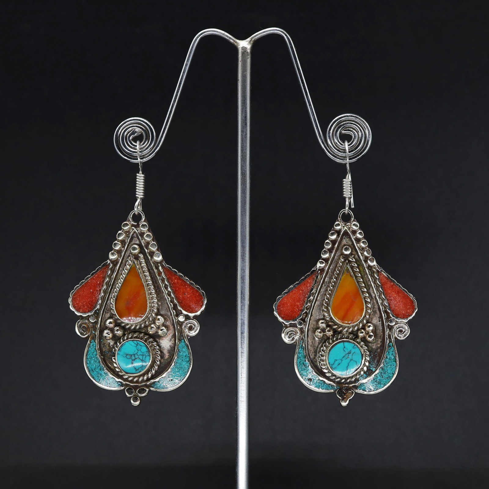 Tibetan Turquoise & Coral Exclusive Boho Earrings: Stunning Traditional Tibetan style bib choker Earrings!! handmade by EasternPresents in Nepal. A colorful statement piece, it looks great with a casual outfit or dressed up! Perfect for all time. Earr