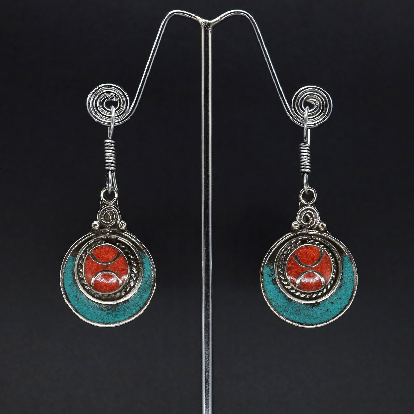 Tibetan Turquoise & Coral Hand-Carved Earrings (1 of 3)