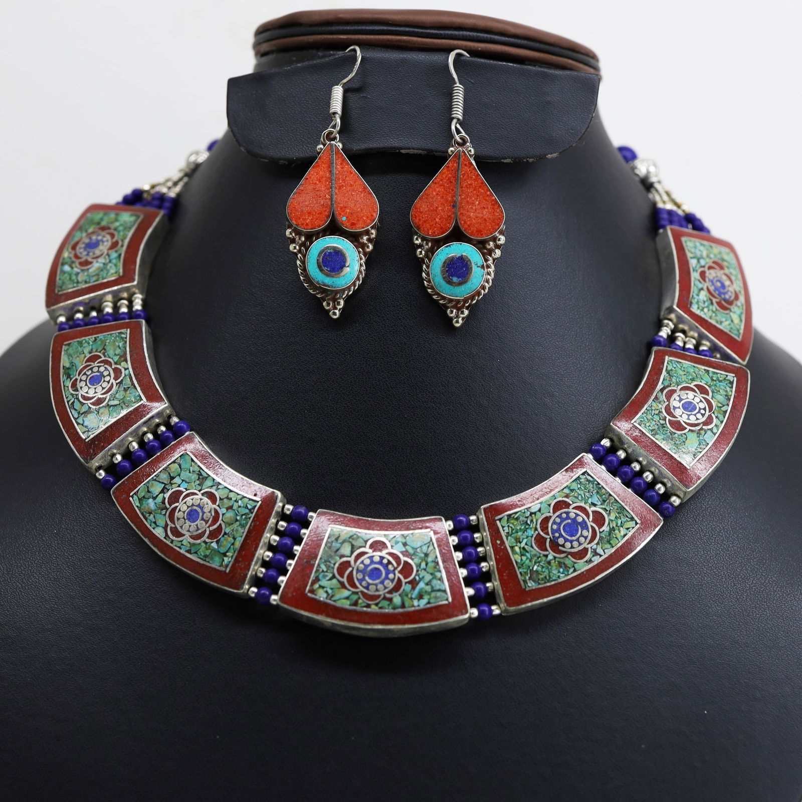 Turquoise & Coral Handmade Old Necklace & Earrings (1 of 4)