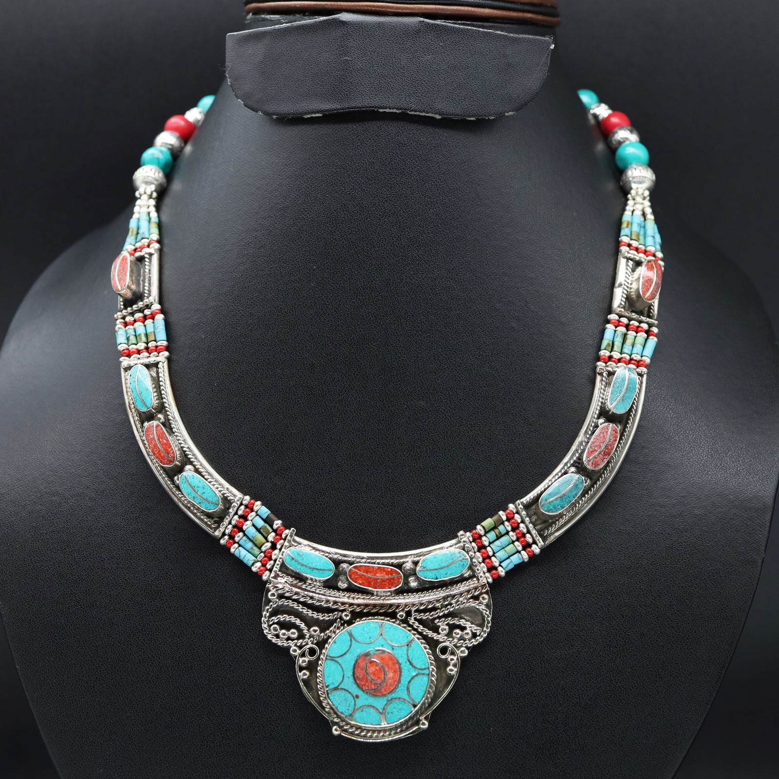 Tibetan Turquoise & Coral Handmade Chokar Necklace (1 of 3)