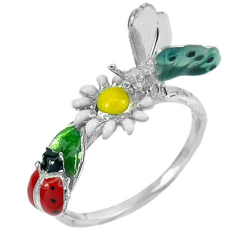 925 Sterling Silver Ring Jewelry Nice Butterfly with Ladybug Enamel 4.08 G. Size 8 (1 of 3)