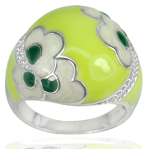 925 Sterling Silver Ring Jewelry Flower Yellowish Green Enamel Design 6.71 G. Size 8 (1 of 3)
