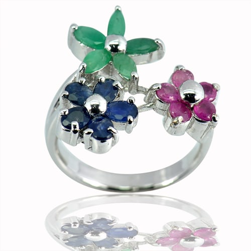 925 Sterling Silver Ring Jewelry 7.06 G. with Natural Gemstone Ruby Emerald and Sapphire Size 8 (1 of 3)