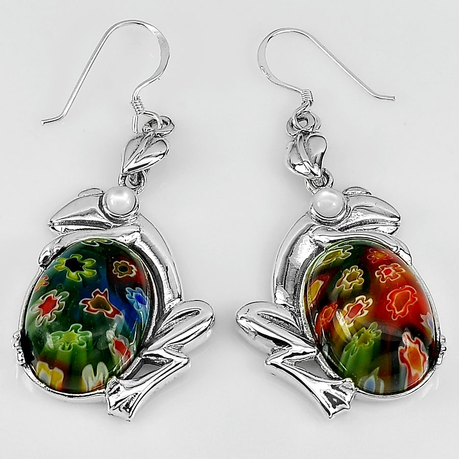 925 Sterling Silver Earrings Jewelry 1 Pair Murano Lampwork Art Glass Beaded Fro 9.40 G. (1 of 3)
