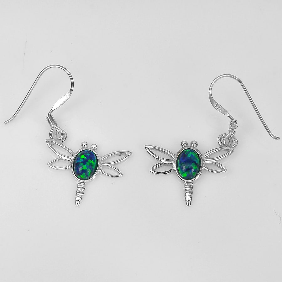 925 Sterling Silver Dragonfly Dangle Earrings Jewelry Multi Color Blue Created Opal 1.55 G. (1 of 3)