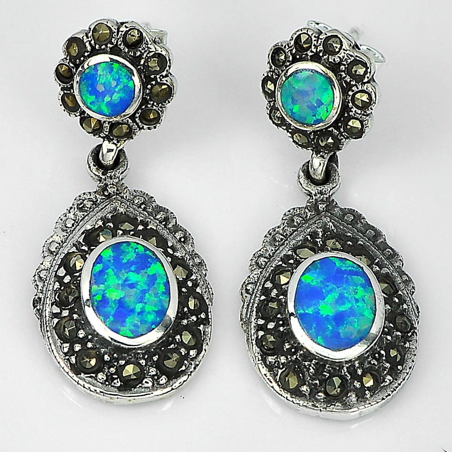 925 Sterling Silver Stud Earrings Jewelry with Multi Color Blue Created Opal and Marcasite 5.29 G. (1 of 3)