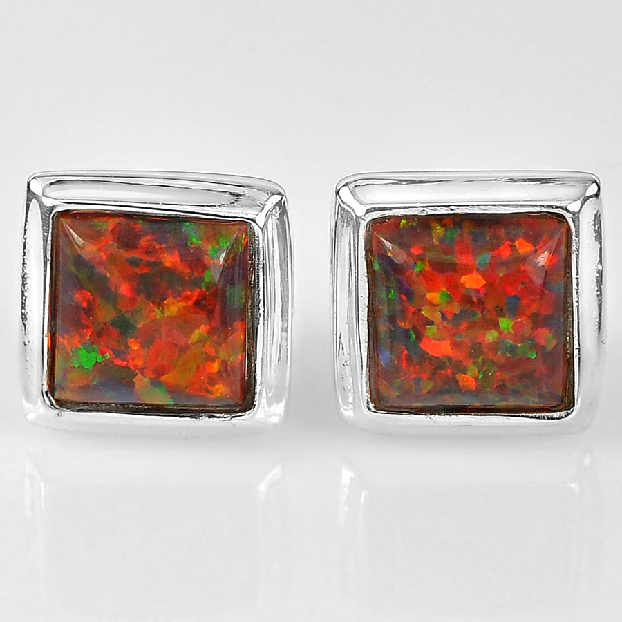 925 Sterling Silver Stud Earrings Jewelry with Multi Color Created Opal 1.43 G. (1 of 3)