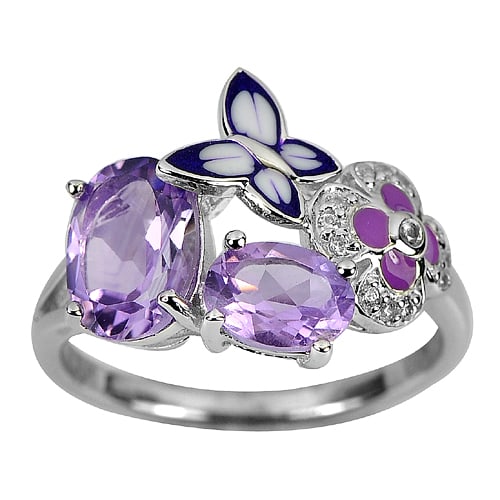 925 Sterling Silver Ring Jewelry 3.43 G. with Natural Gemstone Amethyst Beautiful Butterfly Enamel (1 of 3)