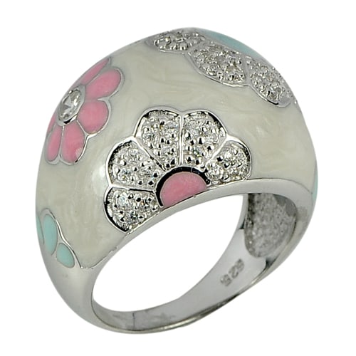 925 Sterling Silver Ring Jewelry 7.41 G. Flower Enamel Design and Cz Size 8 (1 of 3)
