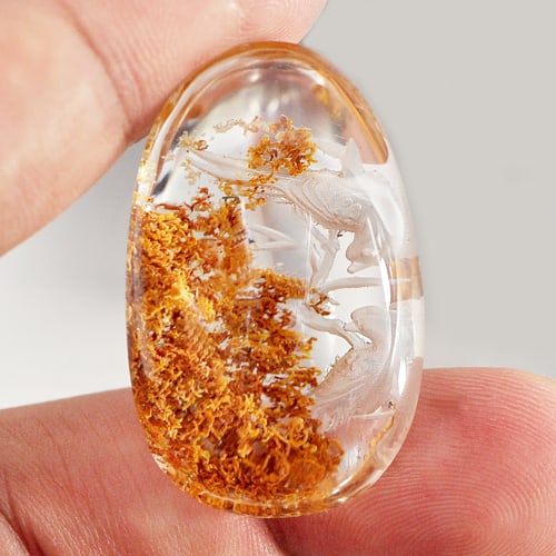 White Moss Quartz 75 Ct. Birds Carving Inner Pear Cabochon 36 x 22 x 14 Mm. Natural Gemstone: Product ID: 805527079 Product Name: Natural Quartz Weight: 75.00 CT. Size: 36 x 22 x 14 MM. Shape: Pear Cabochon Color: White Clarity:Semi - Transparent Luster: Good Gems Origin: Thailand Treatment: U