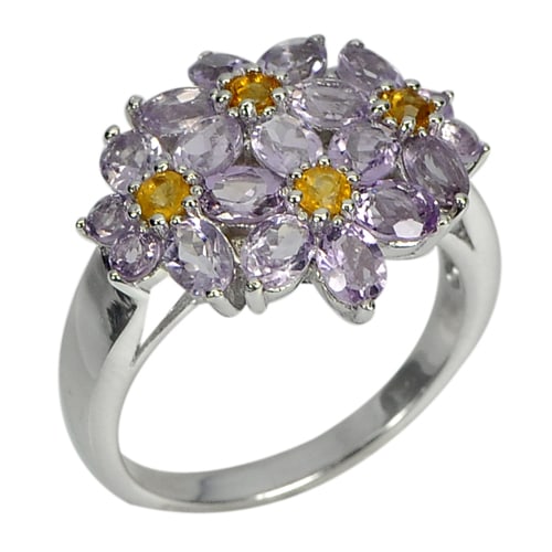 Natural Amethyst Citrine Gemstone 925 Sterling Silver White Gold Plated Ring Size 8 (1 of 3)
