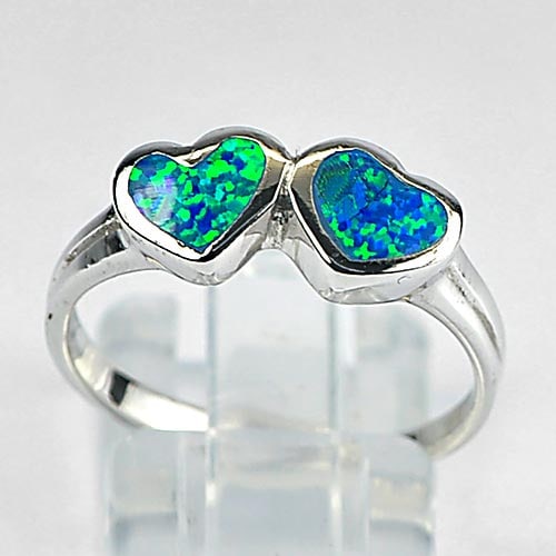925 Sterling Silver Ring Jewelry Size 8 with Multi Color Blue Created Opal Double 3.29 G. (1 of 3)