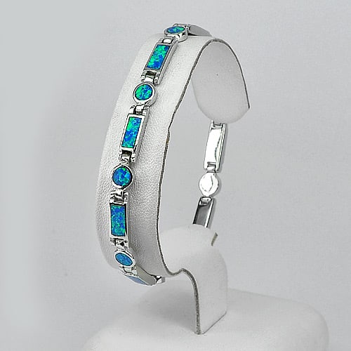 925 Sterling Silver Multi Color Blue Created Opal Bracelet Length 7.5 Inch. 12.55 G. (1 of 3)