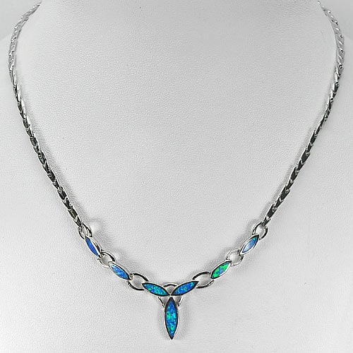 Multi Color Blue Created Opal 925 Sterling Silver Necklace 18 Inch. 20.67 G. (1 of 3)