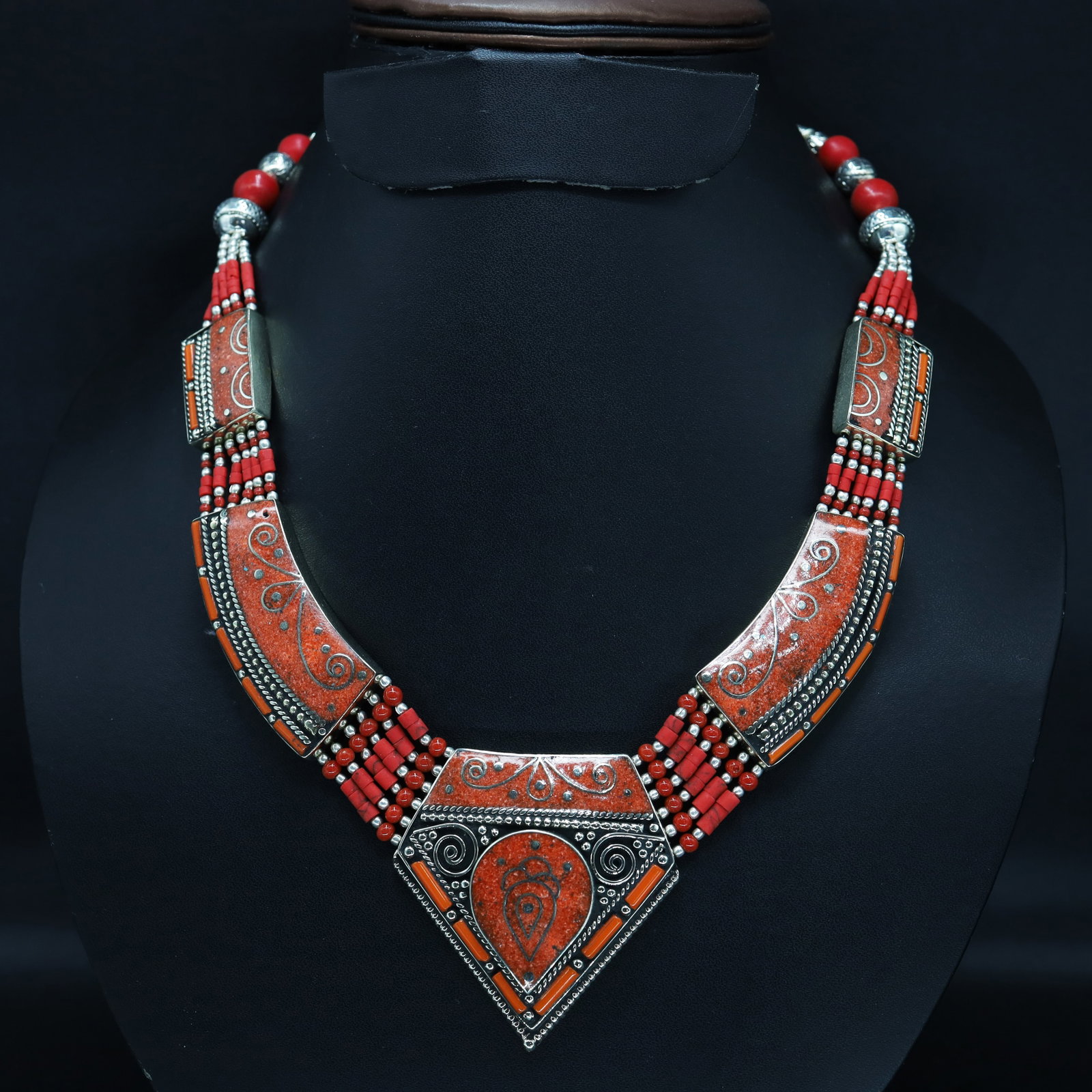 Tibetan Red Coral Handmade Mexican Necklace: This is a very special design Turquoise & Coral Necklace. It is designed and made from Natural Turquoise & Coral beads, brass beads together with special design beads with Beautiful Pendant . This is 