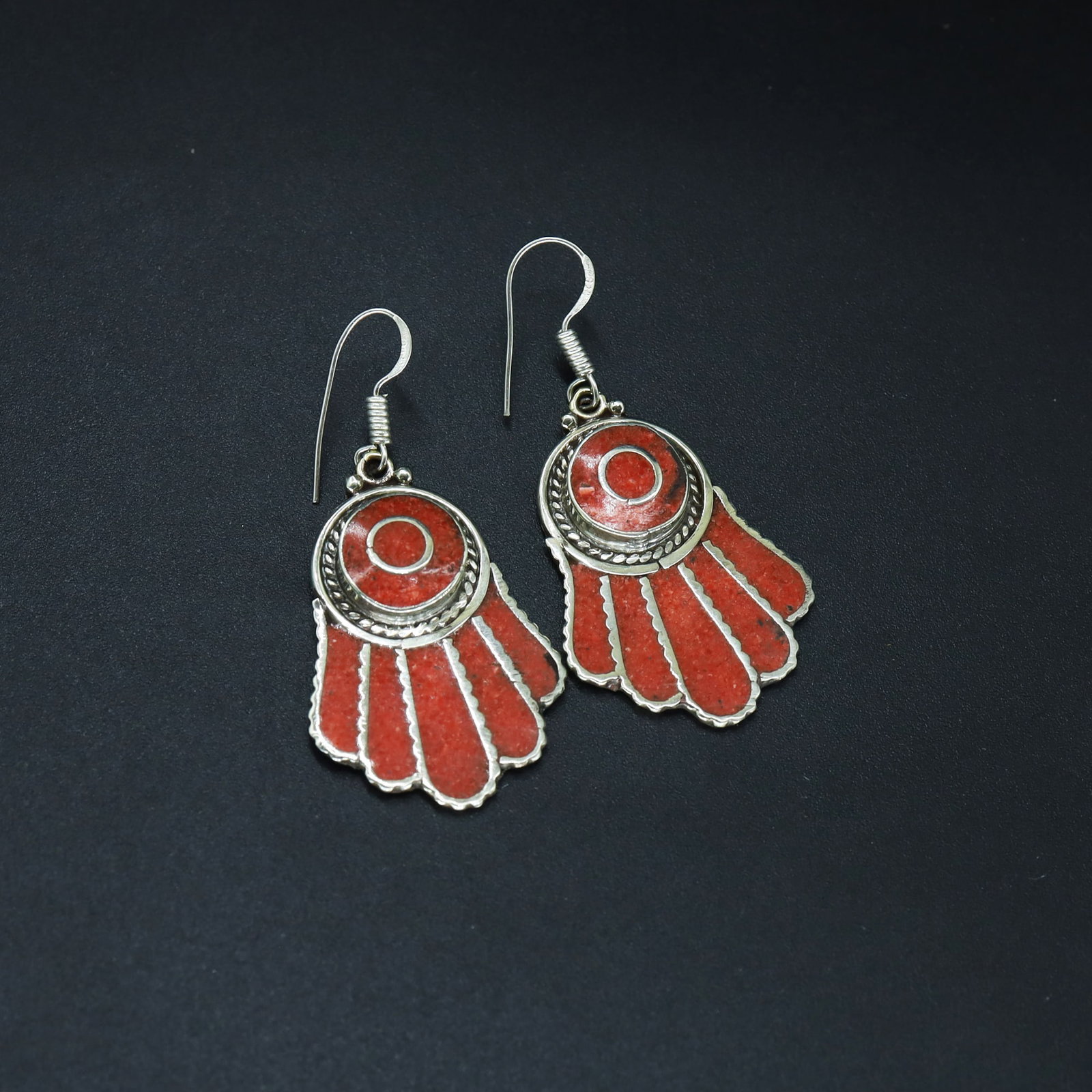 Tibetan Coral Handmade Choker Hand Earrings: This is a very special design Old Turquoise & Coral Earrings. It is designed and made from Natural Turquoise & Coral beads, brass beads together with special design beads with Beautiful Pendant . This