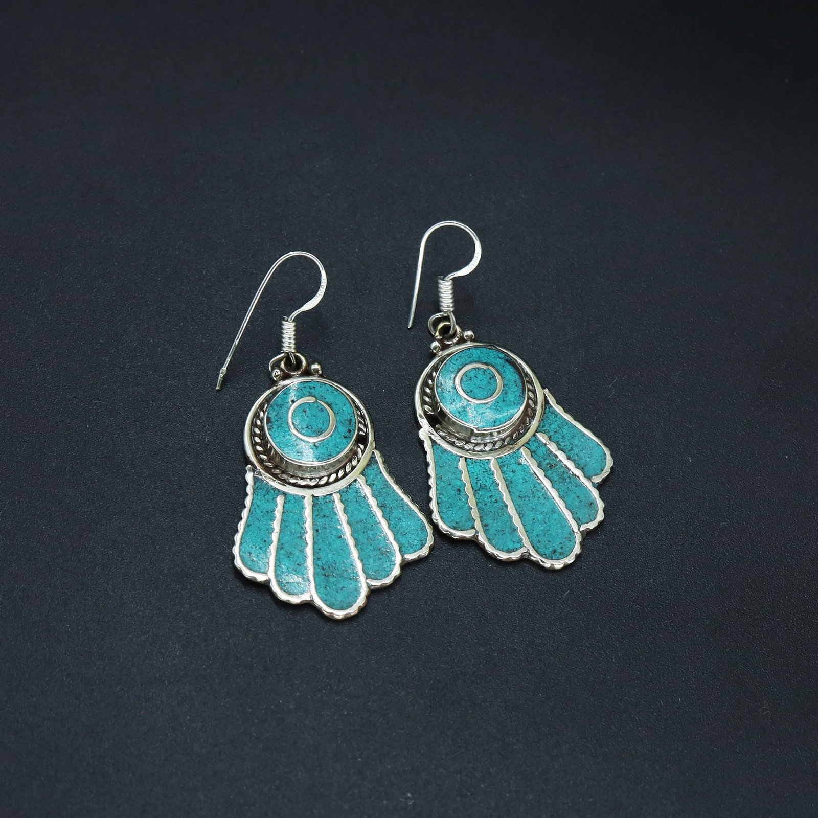 Tibetan Turquoise Handmade Hand Earrings: This is a very special design Old Turquoise & Coral Earrings. It is designed and made from Natural Turquoise & Coral beads, brass beads together with special design beads with Beautiful Pendant . This