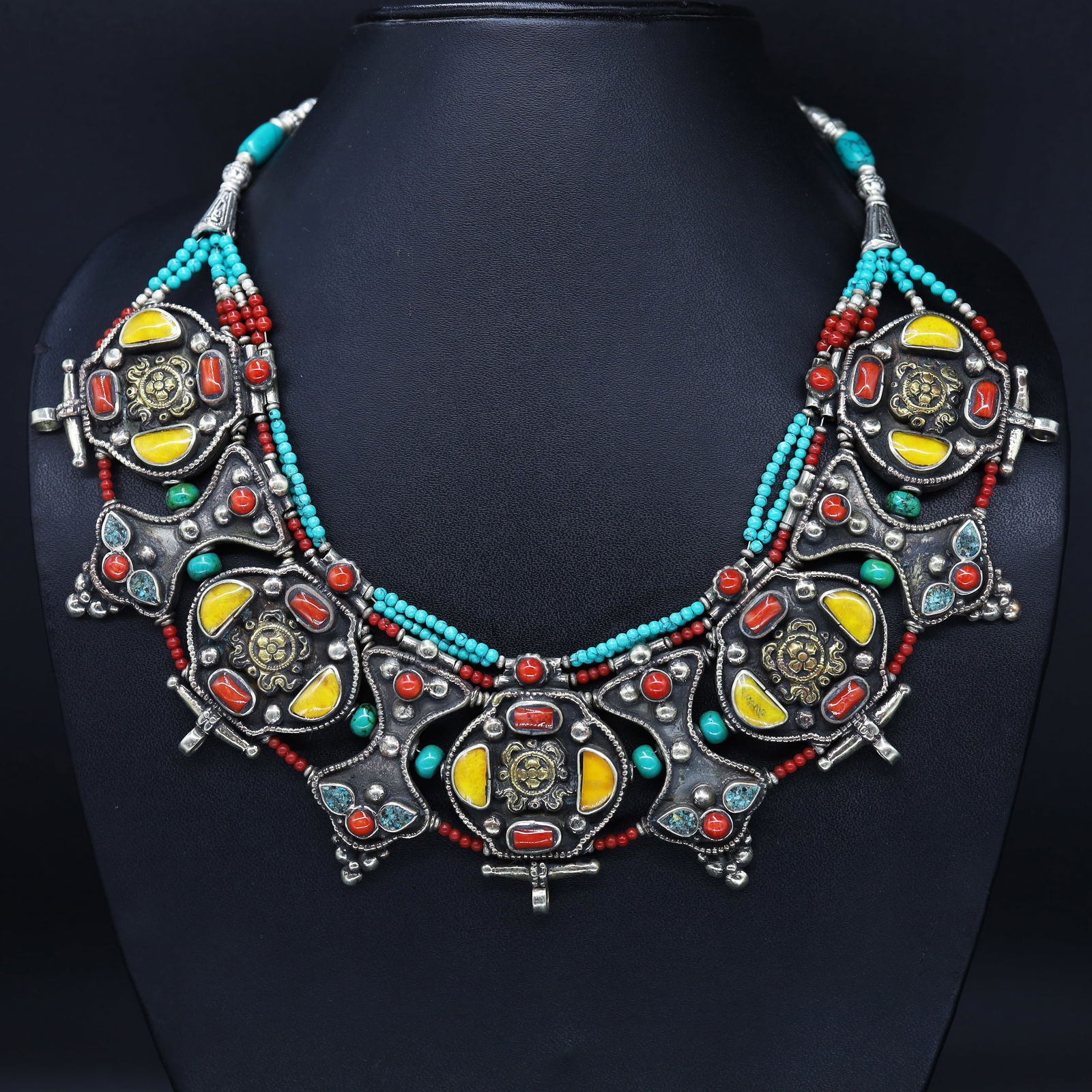 Old Turquoise & Amber Handmade Choker Necklace (1 of 3)