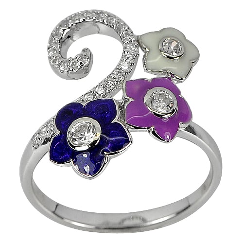 Flower Enamel with White CZ 925 Sterling Silver Jewelry Ring 3.32 G. Size 8 (1 of 3)