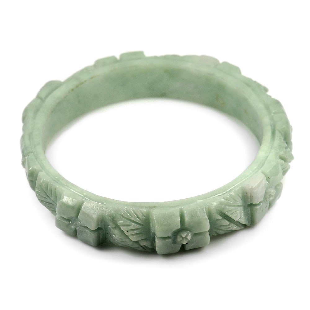Green Jade Bangle Flower Carving 239.31 Ct. Natural Gemstone Size 75 x 60 x 14 Mm. (1 of 3)