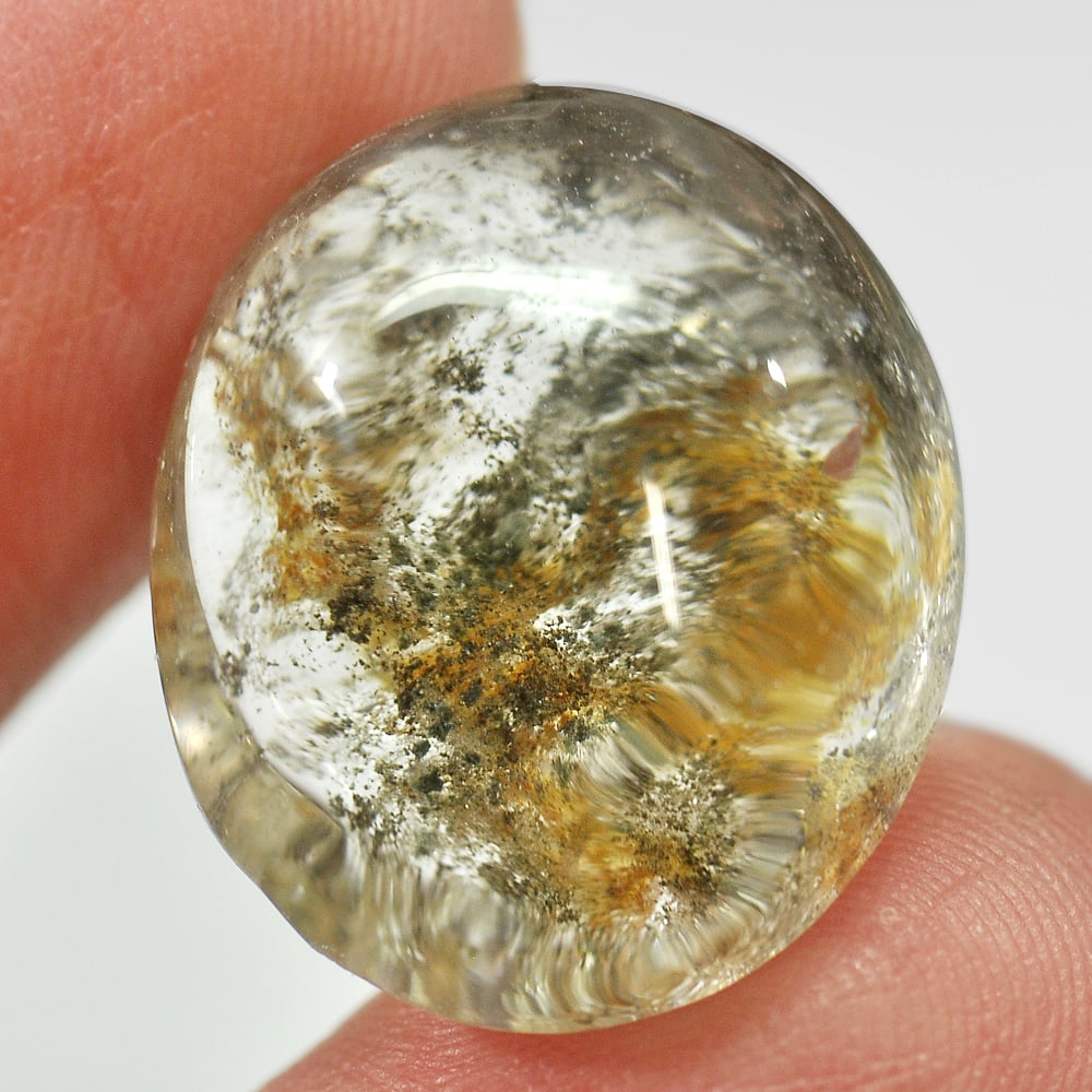 Moss Quartz 23.75 Ct. Oval Cabochon Shape 20.5 x 17.2 Mm. Natural Gemstone Unheated From Thailand: Product ID: 805529376 Product Name: Natural Quartz Weight: 23.75 CT. Size: 20.5 x 17.2 x 10.4 MM. Shape: Oval Cabochon Color: White Clarity:Semi - Transparent Luster: Good Gems Origin: Thailand Treatm