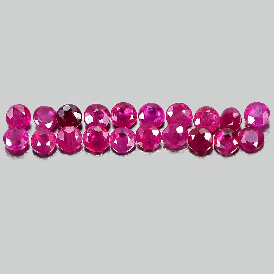 Purplish Pink Mogkok Ruby 1.07 Ct. 20 Pcs. Round Shape 2 Mm. Natural Gemstones From Thailand: Product ID: 805934833 Product Name: Natural Ruby Weight: 1.07 CT. Size: 2 x 2 x 1.2 MM. Shape: Round Color: Pink Clarity:SI1 Luster: Good Gems Origin: Thailand Treatment: Heated Crystal Structure: Tri