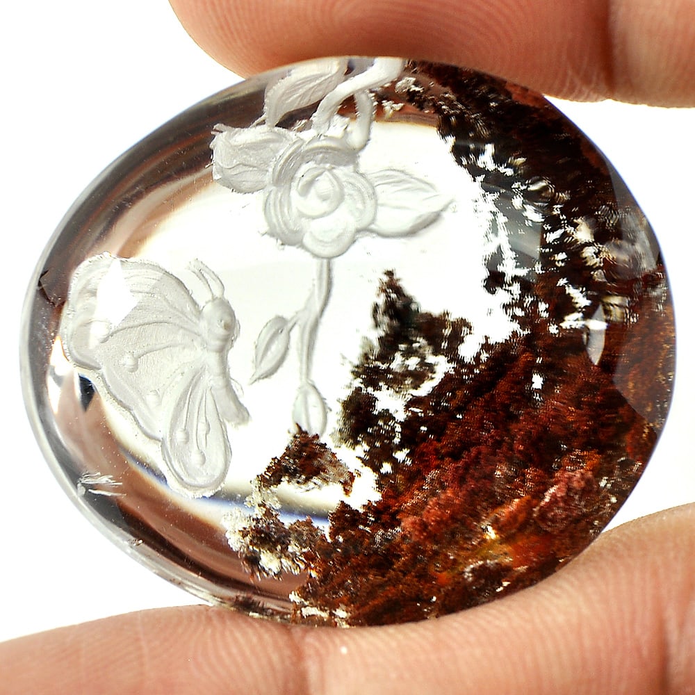 Brown White Quartz 100 Ct. Carving Butterfly Inner Moss Fancy Cabochon Shape 31 x 27 Mm. Natural: Product ID: 805527004 Product Name: Natural Quartz Weight: 100.00 CT. Size: 31 x 27 x 19 MM. Shape: Fancy Cabochon Color: White Clarity:Semi - Transparent Luster: Good Gems Origin: Thailand Treatment: