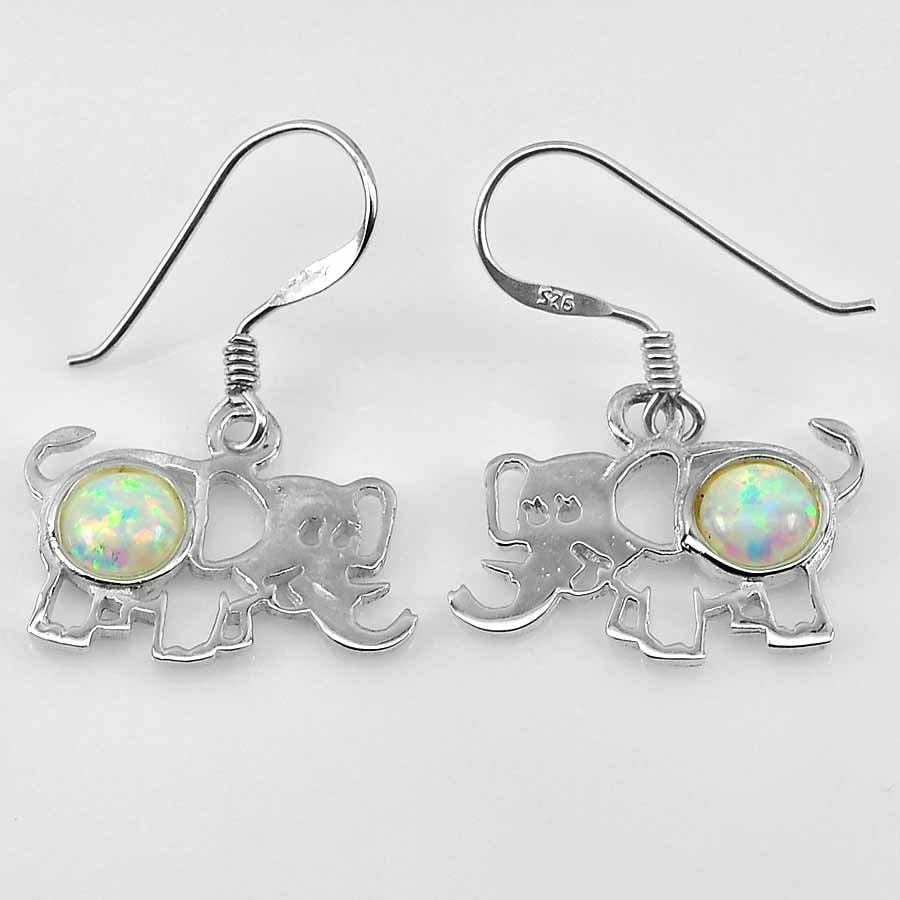 925 Sterling Silver Elephant Dangle Earrings Multi Color White Created Opal 1.93 G. (1 of 3)