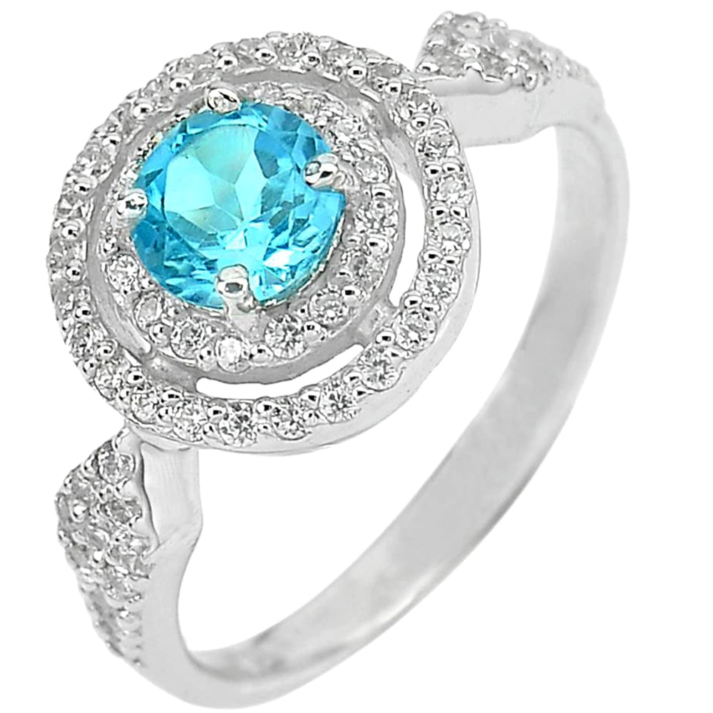 Natural Gem Swiss Blue Topaz and CZ 925 Sterling Silver Jewelry 3.70 G. Ring Size 8 (1 of 3)