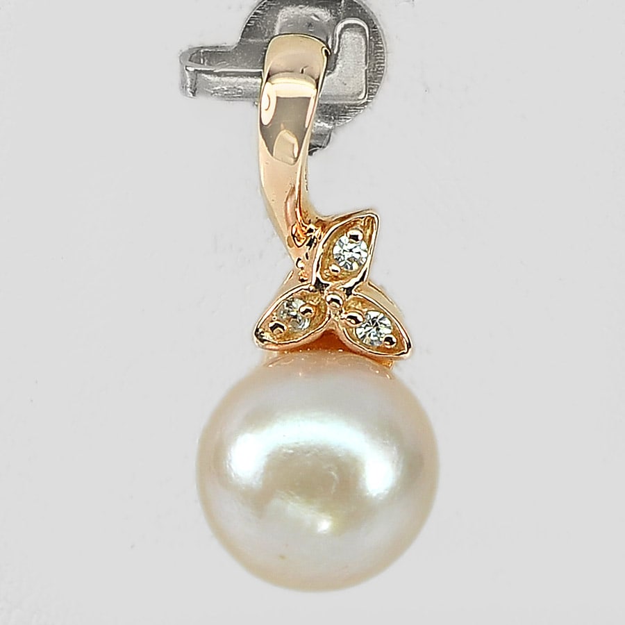 Natural Pearl and CZ Rose Gold Plated 925 Sterling Silver Pendant Jewelry 2.03 G. Size 20 x 9 Mm. (1 of 3)