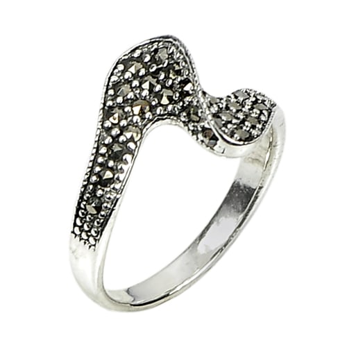 Natual Round Black Marcasite 925 Sterling Silver Jewelry 2.82 G. Ring Size 5.5 (1 of 3)